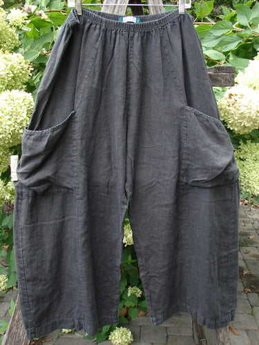 Barclay Linen Crop Two Pocket Pant Unpainted Black Size 2, featuring a baggy harem-style cut with large side pockets and an elastic waistband, photographed outdoors on a wooden rack.