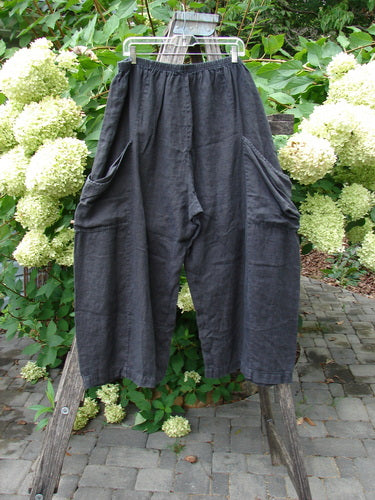 Barclay Linen Crop Two Pocket Pant Unpainted Black Size 2, featuring a loose fit, elastic waistband, oversized side pockets, and distinctive billowy design, displayed on a hanger against a garden backdrop.