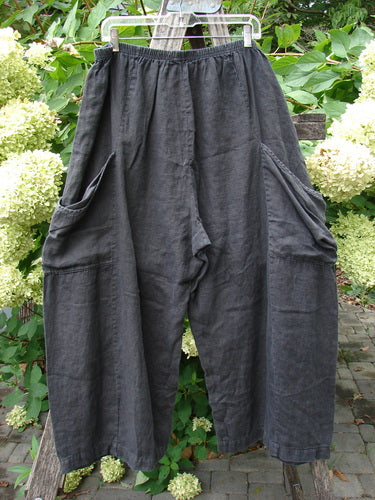 Barclay Linen Crop Two Pocket Pant Unpainted Black Size 2, featuring a loose, drop-crotch design with elastic waist, oversized side pockets, and wide legs, hangs against a garden backdrop. Perfect for summer comfort.
