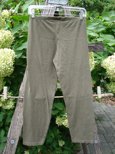 Barclay NWT Cotton Lycra Crop Legging Unpainted Brown Earth Size 0 displayed on a clear hanger against foliage, showcasing a full elastic waistband and tapering design, embodying Bluefishfinder.com's vintage-inspired, expressive style.