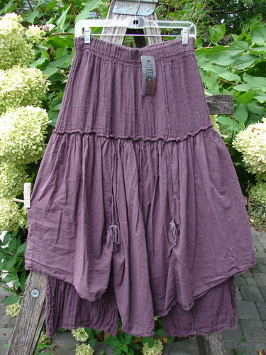 Barclay NWT Linen Batiste Fusion Pant Skirt Unpainted Fig Size 0 with elastic waistband, ruffled tiers, and drawstring tassels, displayed outdoors on a hanger against lush greenery.