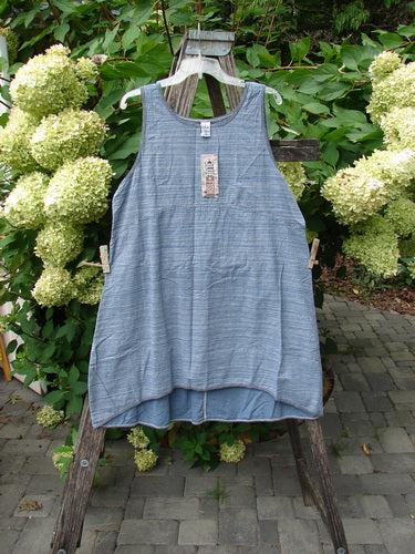 Barclay NWT Light Weight Chambray Shift Stripe Denim Light Size 0: Loose-cut, sleeveless tunic with scoop neckline, varying hem, and single rear center seam, elegantly draped on a wooden ladder amidst greenery.