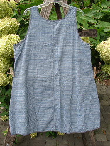 Barclay NWT Light Weight Chambray Shift in Stripe Denim Light, sleeveless with scoop neckline and varying hem, displayed on a hanger outdoors against foliage. Ideal for creative summer styling.