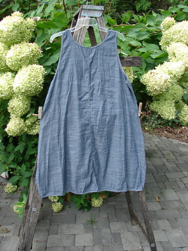 Barclay NWT Light Weight Chambray Shift Stripe Blue Light Size 0 displayed on a clear hanger over a rustic wooden ladder, showcasing its loose fit, scoop neckline, and varying hem detail.