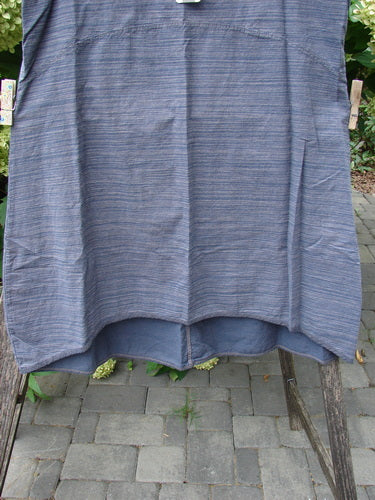 Barclay NWT Light Weight Chambray Shift Stripe Denim Dark Size 0 hanging outdoors, showcasing its loose cut and distinctive scoop neckline, varying hem, and detailed seam work, embodying vintage Blue Fish Clothing style.