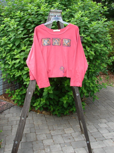 1997 Long Sleeved Crop Tee Tri Window Box Geranium Size 2: A pink shirt with a pattern on it, featuring a wide crop shape, vented sides, and drop shoulders. The shirt is adorned with a signature Blue Fish patch and a flattened wider neckline. Made from medium weight organic cotton.