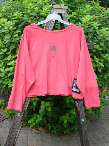 1997 Long Sleeved Crop Tee Tri Window Box Geranium Size 2: A pink shirt with a wide crop shape and vented sides. Features a tri window box theme paint and a Blue Fish patch.