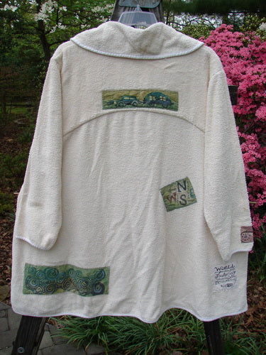 1996 Patched French Terry Cape Cod Coat Travel White Pine OSFA, featuring oversized front pockets, a single button closure, deep V-neck collar, rolled piping edges, and farm-themed patches for a cozy yet stylish look.