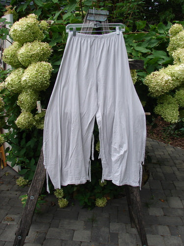 Barclay NWT Crop Billow Pant in Pearl Smoke, Size 0, hangs from a plastic hanger on a wooden ladder, showcasing its loose-fitting design, elastic waist, and wide legs against a lush outdoor backdrop.