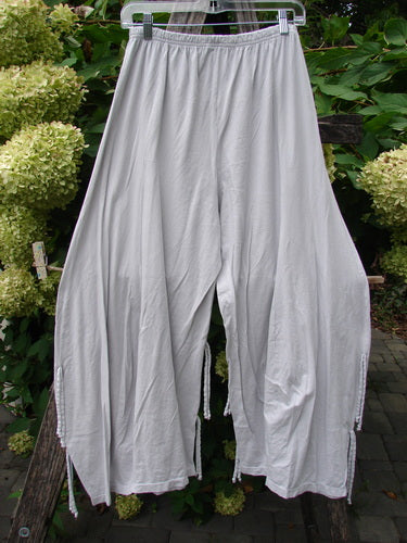 Barclay NWT Crop Billow Pant Unpainted Pearl Smoke Size 0, featuring wide-leg, loose-fitting design with an elastic waist and double exterior ties, hanging outdoors against a lush green backdrop.