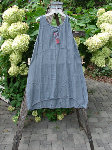 Barclay NWT Textured Salted Shift Unpainted Grey Diatom Size 0, displayed on a wooden stepladder, showcases a unique silhouette with a rounded neckline and varying hemline, embodying BlueFishFinder's creative vintage style.