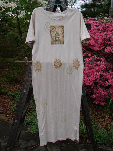 1996 Long Tee Dress Windy House Birch Bark Size 0, featuring a seamless front and back, rounded neckline, short wide sleeves, longer length, and classic windy house theme paint with sun designs on organic cotton.