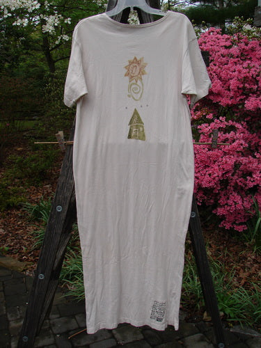 1996 Long Tee Dress Windy House Birch Bark Size 0 displayed on a hanger; featuring a rounded paneled neckline, seamless front and back, short wide sleeves, and signature Windy House theme paint.