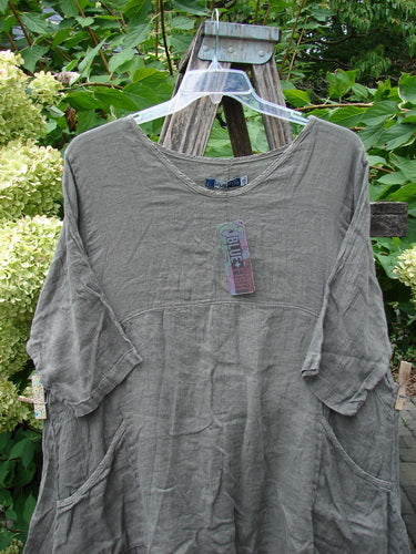 Barclay NWT Linen Zen Pocket Tunic Unpainted Stone Beach Size 0 displayed outdoors, featuring a scooped neckline, three-quarter sleeves, patch pockets, and a varied hemline.