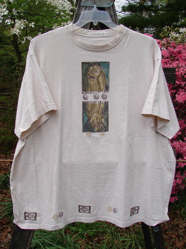 1996 Short Sleeved Tee Split Fish Birch Bark Size 2 featuring a painted fish design on the front, ribbed neckline, and drop shoulders, showcasing a vintage, boxy shape from BlueFishFinder.