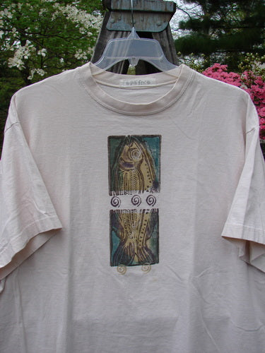 1996 Short Sleeved Tee Split Fish Birch Bark Size 2, featuring a unique fish pattern, thicker ribbed neckline, drop shoulders, and a boxy shape made from medium-weight organic cotton.