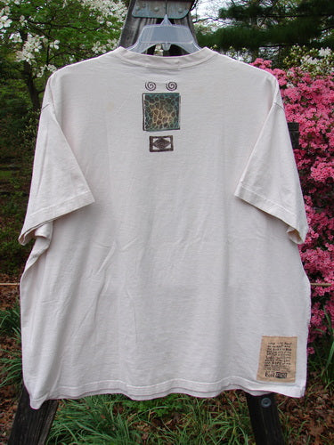 1996 Short Sleeved Tee Split Fish Birch Bark Size 2, featuring a ribbed neckline, drop shoulders, and a square boxy shape with a unique fish theme design on the front.