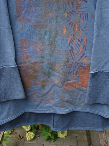 Barclay NWT Fleece Cowl Neck Sweatshirt Metallic Daisy Vintage Indigo Size 0, featuring long sleeves and a faded multicolor print, displayed hanging.