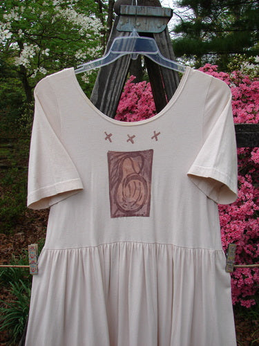 1996 Short Sleeved Simple Dress Pear Birch Bark Size 0, featuring a slightly deeper rounded neckline, drop empire waist seam, full sweeping skirt, with Blue Fish stamp and pear garden theme paint.