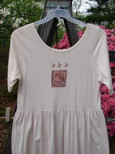 1996 Short Sleeved Simple Dress Pear Birch Bark Size 0 featuring a graphic logo, drop empire waist seam, and full sweeping skirt with Blue Fish stamp and pear garden theme paint.