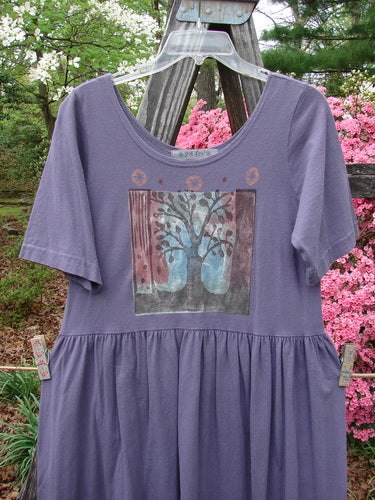 1996 Short Sleeved Simple Dress Tree of Life Purple Martin Size 0, featuring a deeper neckline, drop empire waist, full sweeping skirt, and a tree of life paint design.