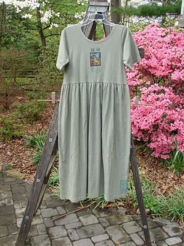 1996 Short Sleeved Simple Dress Sunflower Cricket Size 0 displayed on a wooden rack, showcasing its rounded neckline, drop empire waist seam, and full sweeping skirt, with signature Blue Fish stamp.