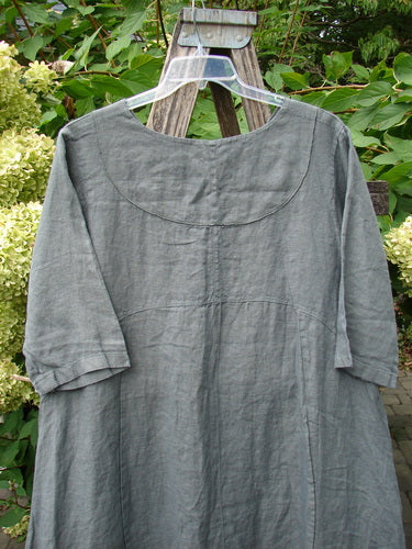 Barclay NWT Linen Cross Over Urchin Pocket Dress Vertical Rain Smudge Stick Size 0, featuring a relaxed slate-gray linen with a cross-over V neckline, elbow-length sleeves, and asymmetric hem, displayed outdoors.