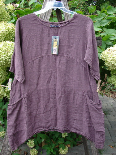 Barclay NWT Linen Urchin Pocket Tunic Unpainted Fig Size 0 on hanger, showcasing empire seam, rounded neckline, front patch pockets, and flowing A-line hem, perfectly embodying Bluefishfinder.com's vintage-inspired, expressive style.