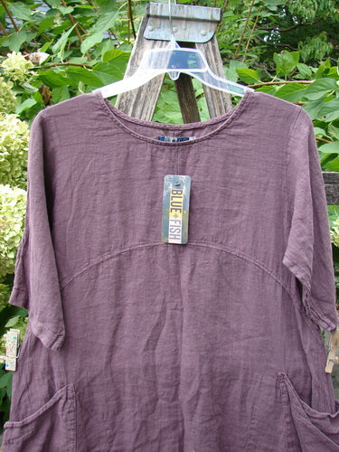 Barclay NWT Linen Urchin Pocket Tunic Unpainted Fig Size 0, featuring a loose, smock-style design with three-quarter sleeves, rounded neckline, and exterior drop front pockets, tagged BLUE FISH.