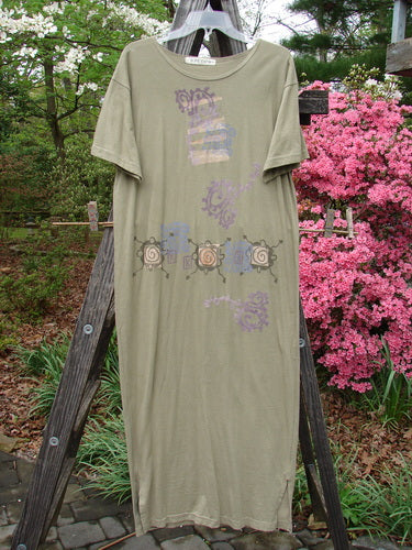 1996 Long Tee Dress Pathway Cricket Size 0 displayed on a clothes rack, featuring a rounded paneled neckline, seamless front and back, short wide sleeves, and a longer length, accentuating organic cotton fabric.