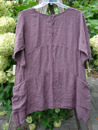 Barclay NWT Linen Urchin Pocket Tunic Unpainted Fig Size 0 displayed on a hanger, showcasing a rounded neckline, short sleeves, A-line flair, empire waist seam, and large patch pockets.