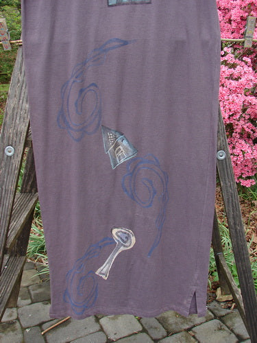 1996 Long Tee Dress Lolly Flower Violet Field Altered Size 0 displayed on a wooden ladder, highlighting its rounded paneled neckline, short wide sleeves, and seamless front and back.