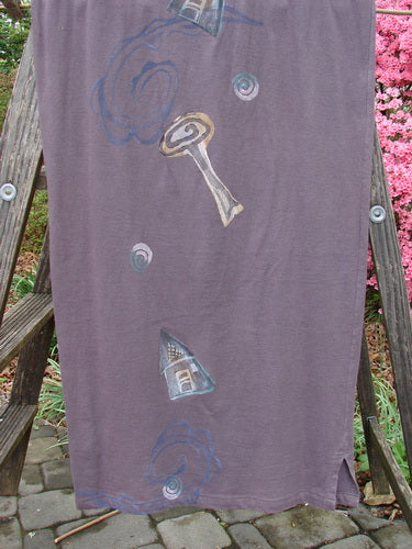 1996 Long Tee Dress Lolly Flower Violet Field Altered Size 0, displayed with detailed drawings, including a spoon, on a purple towel draped over a wooden ladder.