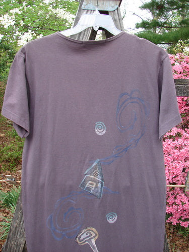 1996 Long Tee Dress Lolly Flower Violet Field Altered Size 0 featuring a drawing of a house and moon, rounded paneled neckline, seamless front and back, short wide sleeves, and a longer length.