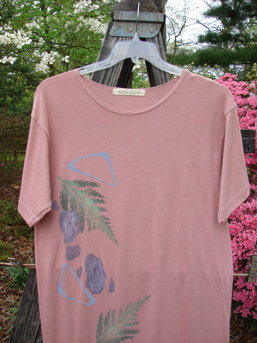 1996 Long Tee Dress Fern Stone Petal Altered Size 0 displayed on a hanger, showcasing a rounded paneled neckline, short wide sleeves, and a seamless front and back with blue designs.