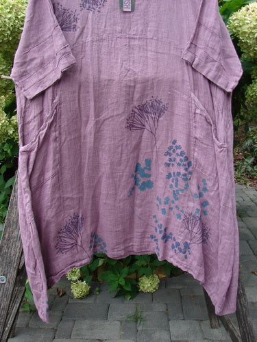 Barclay NWT Linen Wave Pocket Dress Dried Floral Tulsi Rose Size 0, featuring a loose-fitting tunic style with teal and slate blue botanical prints, scoop neckline, and inset side seam pockets.