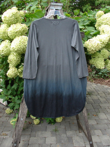 Barclay NWT Natalia Tunic Rain Pod Twilight Grey Size 0, featuring a rounded neckline, lettuce-edged long sleeves, and high side vents, displayed outdoors on a wooden ladder with an ombré charcoal-to-black design.