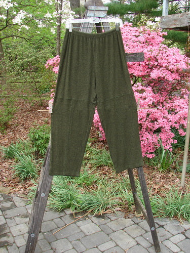 2000 Rayon Lycra Rib Quadrant Pant Unpainted Green Oak Heather Size 0 displayed on a wooden rack, showcasing its cropped, boxy shape and elastic waistline, emphasizing vintage Blue Fish Clothing's unique style.