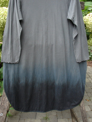 Barclay NWT Natalia Tunic Rain Pod Twilight Grey Size 0: A dip-dyed ombré tunic with rounded neckline, lettuce-edged long sleeves, and high side vents, hanging outdoors amidst paving stones and hydrangeas.