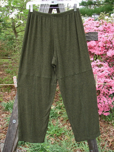 2000 Rayon Lycra Rib Quadrant Pant Unpainted Green Oak Heather Size 0 displayed on a wooden post, featuring a full elastic waistline and cropped boxy shape, perfect for vintage Blue Fish Clothing enthusiasts.