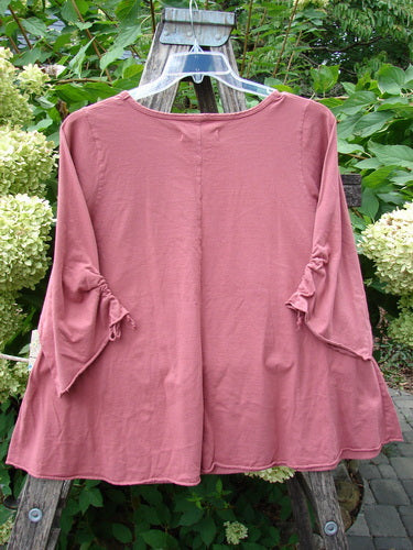 Barclay NWT Draw Gather Sleeve Cafe Top Free Bird Desert Size 0, featuring a swing-style cut, round neckline, elbow-level ruffles with ties, hangs on a rustic wooden ladder outdoors.