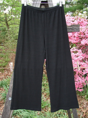 2000 Rayon Lycra Rib Flare Pant Unpainted Black Size 0 hanging on a clothesline, showcasing its full elastic waistline, slightly flared bottom, and superior drape, perfect for travel and versatile wear.