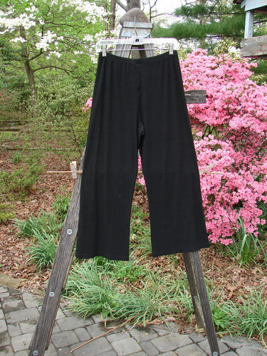 2000 Rayon Lycra Rib Flare Pant Unpainted Black Size 0, hanging on a clothesline outdoors, showcasing its full elastic waistline and slightly flared bottom.