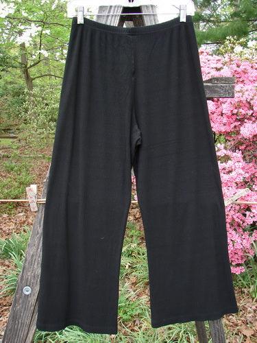 2000 Rayon Lycra Rib Flare Pant Unpainted Black Size 0 hanging outdoors, showcasing full elastic waistline and slightly flared bottom with superior drape.