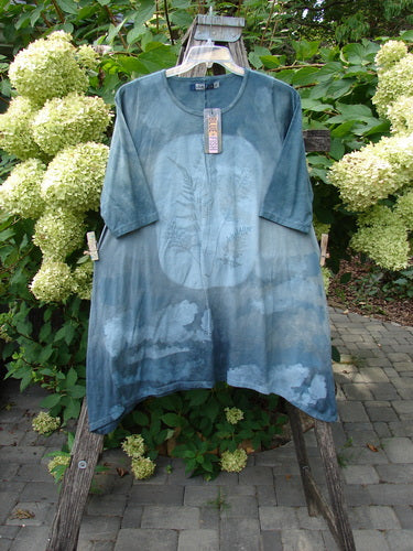 Barclay NWT Wander Tunic Tee Moon Fern Mottled Grey Green Size 0 featuring a large moon graphic with pine trees, displayed on a wooden ladder, showcasing its unique design and organic cotton texture.