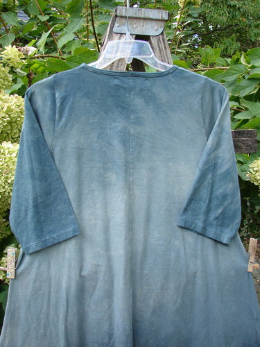 Barclay NWT Wander Tunic Tee Moon Fern Mottled Grey Green Size 0, displayed on a clear hanger with three-quarter sleeves, air-drying outdoors, showcasing its tunic length and slight A-line flair.