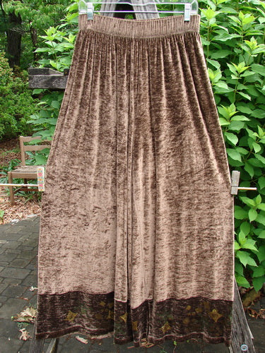 1997 Velvet Cosmos Pant Celtic Path Mandorla Size 2, showcasing a dense, stretchy velvet knit with wide kicking lowers and a suggestive Celtic path theme, featuring a full two-inch elastic waistband.