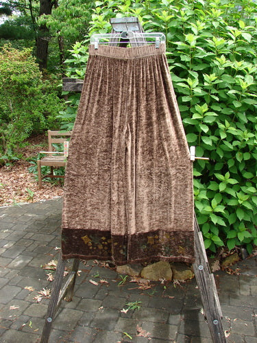 1997 Velvet Cosmos Pant Celtic Path Mandorla Size 2, featuring wide kicking lowers and a suggestively painted Celtic Path design, showcases a dense, stretchy velvet knit with a two-inch elastic waistband.