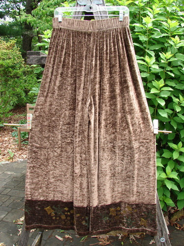 1997 Velvet Cosmos Pant Celtic Path Mandorla Size 2, featuring a stretchy velvet knit with wide kicking lowers and a primitive Celtic path theme, designed for a graceful, pocketless strut.