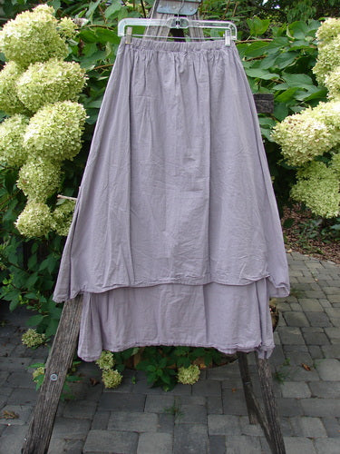 Barclay NWT Batiste Two Story Shaunting Skirt Unpainted Soft Mauve Size 0 displayed on a clear hanger. The skirt features an elastic waistband and two tiered layers, showcasing its flowing double-layered design.